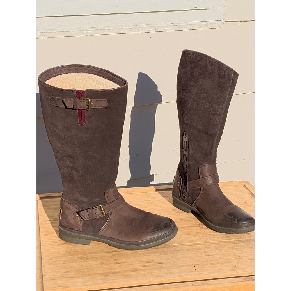 UGG Simmens Waterproof Tall Boots Brown Suede Leather Wool Lined 1008438